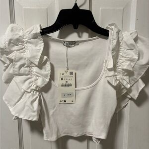 Zara White Ruffled Cap Sleeve Crop Blouse